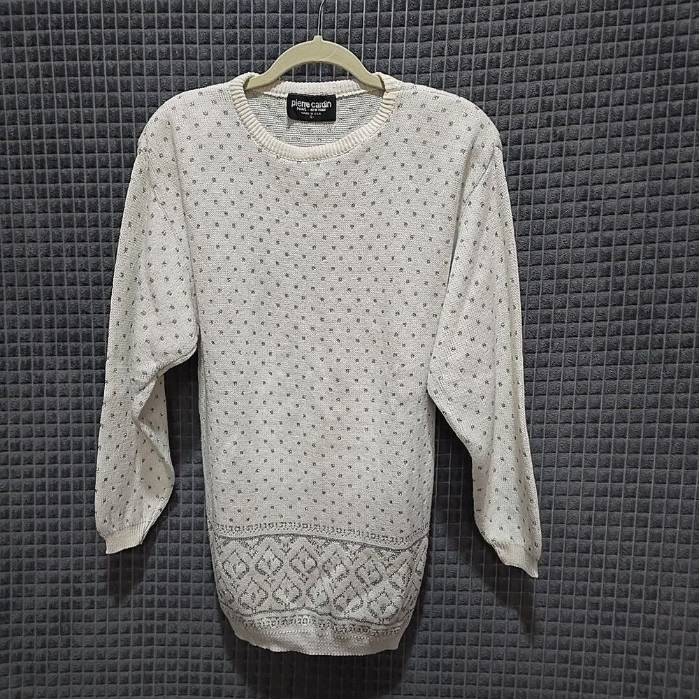 PierreCardin White Sparkle Sweater Dress SzLg VTG 80s Shoulder Pads Tunic Glam